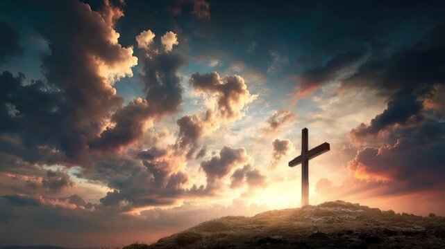 A majestic cross stands silhouetted against a dramatic, colorful sunset sky, evoking a sense of hope, faith, and spirituality. ..Created with Generative AI, not depicting real subjects.