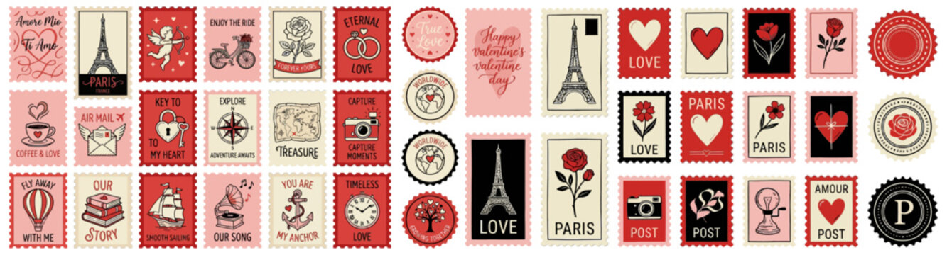 Assortment of decorative postage stamps featuring romantic and travel themes including hearts roses Eiffel Tower hot air balloon and love messages valentine romance paris
