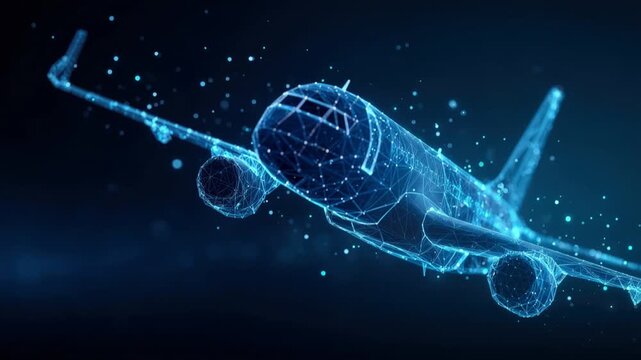 A futuristic digital representation of a passenger airplane, illuminated in glowing blue lines, symbolizes innovation. ..Created with Generative AI, not depicting real subjects.