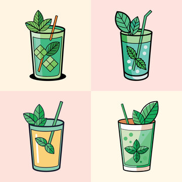Refreshing mint julep cocktails with straws and mint leaves vector illustration