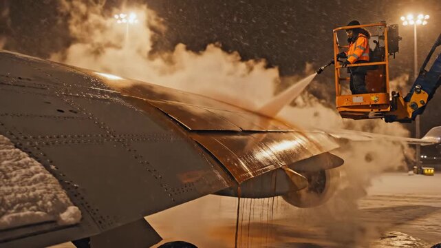 Worker in boom lift sprays deicing fluid on airplane wing in snowy conditions. Aircraft maintenance sequence during winter at airport for safe operations in cold weather.