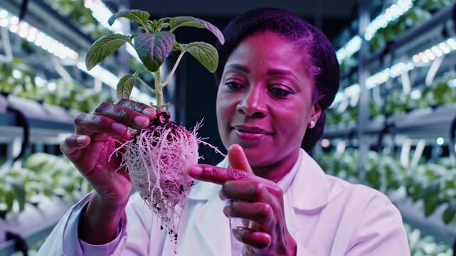 African American woman botanist holding and examining plant roots. Scientist in lab coat inspecting seedling in indoor greenhouse. Botany research and plant care concept
