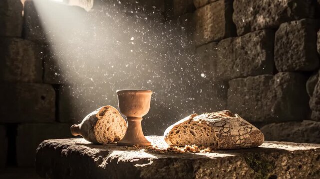 Bread and chalice on stone altar. Eucharistic symbols in ancient chapel with beam of light. Christian communion concept and sacred ritual representation.