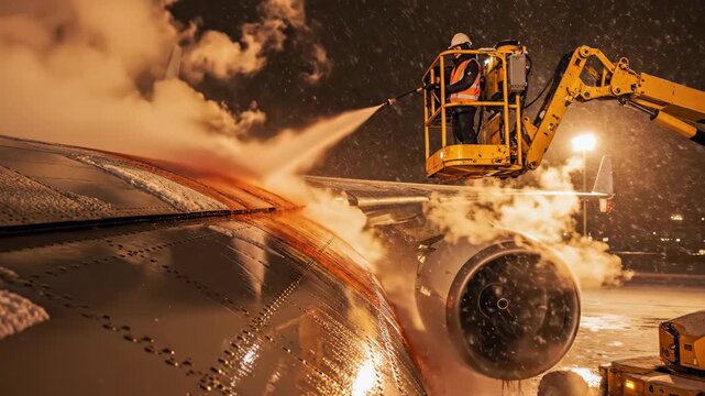 Worker using boom lift to spray deicing fluid on airplane wing and engine. Winter aircraft deicing process for safe flight preparation in snowy conditions.