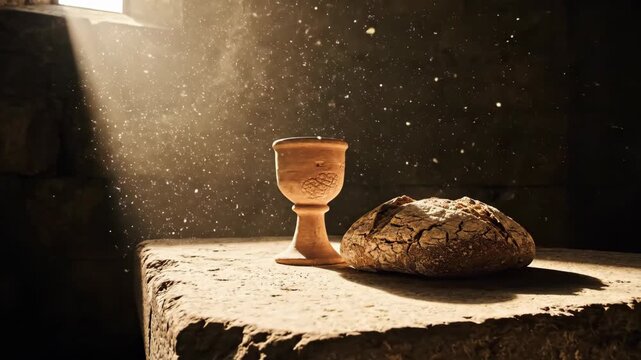 Bread loaf and chalice on stone altar in church interior. Eucharist symbols illuminated by light beam from window. Religious sacrament and communion concept in sacred dim space.