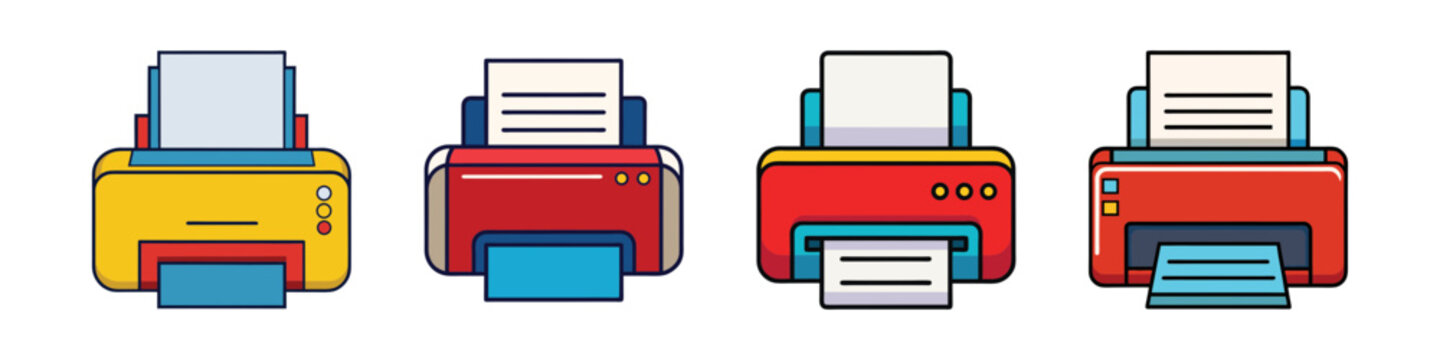 Colorful printers with paper vector illustration, flat design graphic