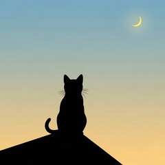 Silhouette of cat on roof at sunset.