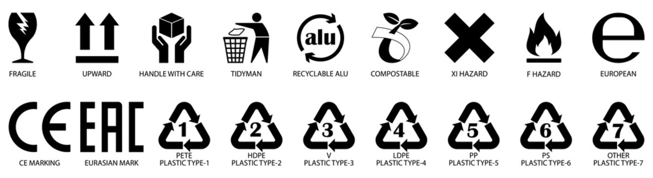 Packaging symbols collection including fragile glass, arrows up, keep dry umbrella, trash bin, CE compliance mark and plastic recycling codes PET HDPE PVC LDPE PP PS. Ideal for shipping boxes,