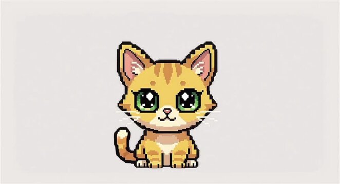 Adorable Orange Tabby Cat Pixel Art, Sitting Kitten Character with Green Eyes, 8-bit Retro Game Pet Sprite for UI and Mobile Gaming, Isolated on Black