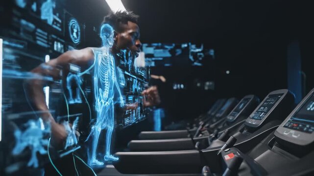 Futuristic Fitness Man Running on Treadmill with Holographic Body Scan.
