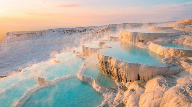 Breathtaking white travertine terraces filled with bright turquoise thermal water steam under a soft golden sunrise in this spectacular natural landscape.