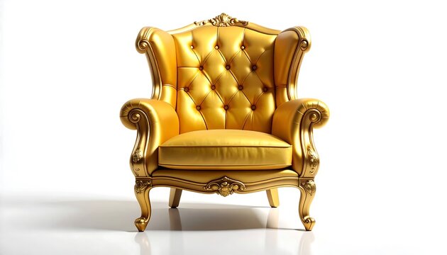 A luxurious gold-colored armchair with ornate detailing and button tufting sits on a clean white background