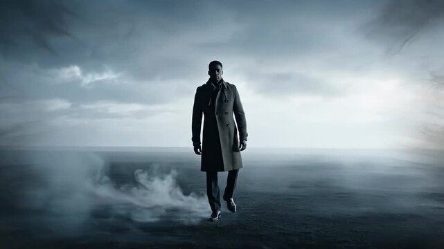 Man Standing in Surreal, Dreamlike Landscape.