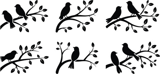 Birds on branch silhouette set vector illustration, black avian clipart collection with perched birds and tree branches, nature wildlife design elementsPrint © MstHosneAra
