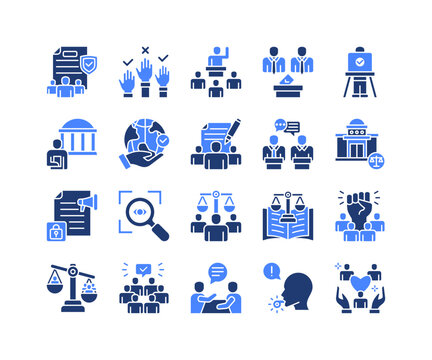 Public Participation Icon Collection,  featuring Civic Participation, Voting System, Public Debate, Legislative Process, Transparency Policy, Minority Rights, Majority Rule.