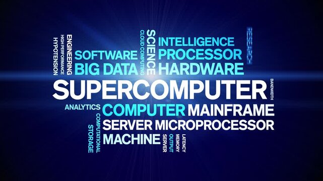 Supercomputer animated word cloud-text design animation tag kinetic typography seamless loop.