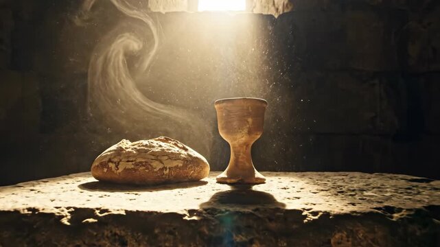 Bread and chalice on stone altar with divine light beam. Eucharistic symbols in sacred christian ritual. Mystical communion elements evoking faith and holiness.