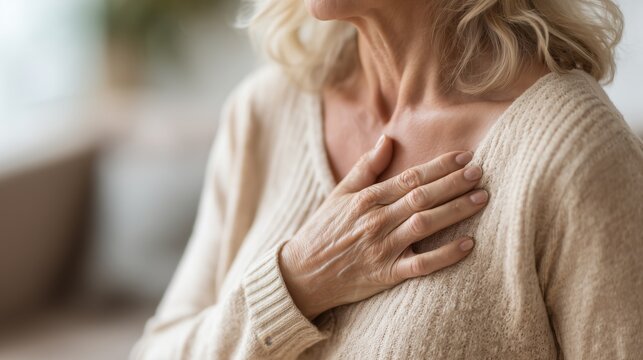 Senior woman touching chest in pain. Heart disease symptom concept. Cardiovascular risk awareness. Cardiology health problem. Medical emergency concept.