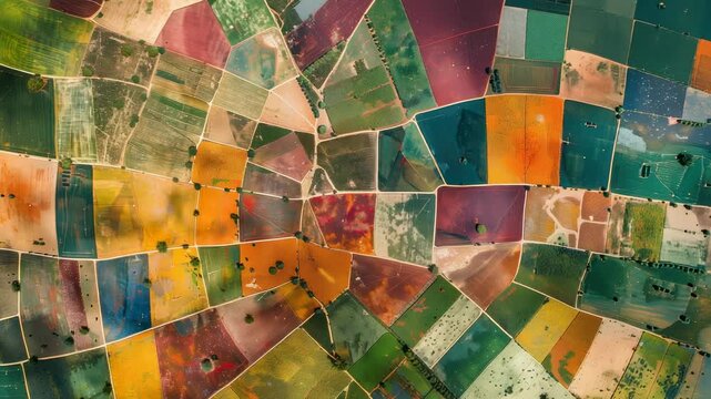 A stunning aerial patchwork of diverse, colorful agricultural fields from above