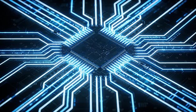 Technology circuit neon blue light looping glow processor chip data futuristic circuit board glowing pattern digital energy concept with abstract microchip network connection symmetry and continuous