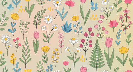 Fototapeta premium Decorative seamless floral background with hand-drawn wildflowers in warm earthy palette