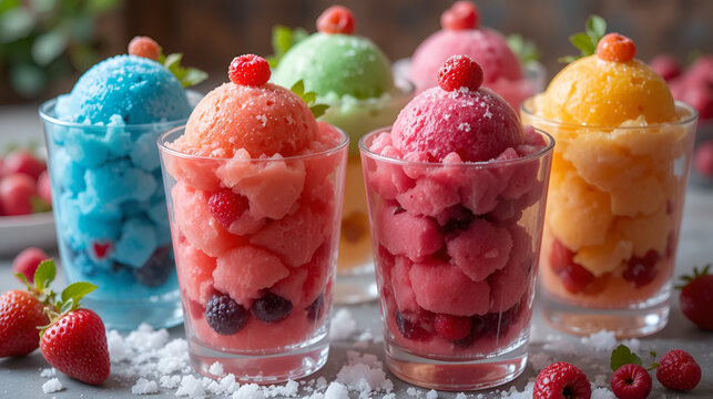 recipientes con bolas de helado o de nieve de diferentes sabores con fruta fresca aperitivo delicioso y postre refrescante sabroso variedad colorida
