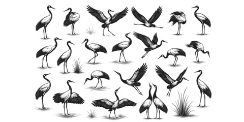 Fototapeta premium Elegant Crane Sketch Collection: 18 Hand-Drawn Storks in Various Poses, Wildlife Art 