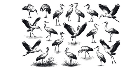 Fototapeta premium Elegant Crane Sketch Collection: 18 Hand-Drawn Storks in Various Poses, Wildlife Art 