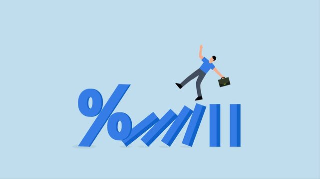 Interest rate and inflation percent impact economy, 4k animation of Percentage drop triggers chain reaction leading to businessman investor downfall