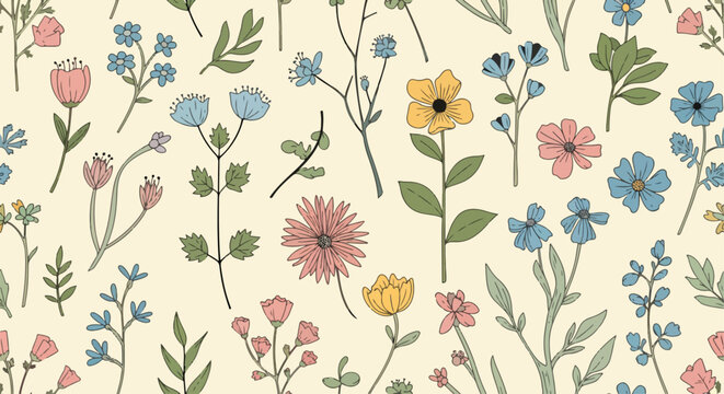 Elegant pastel flower pattern with delicate petals and minimal leafy branches