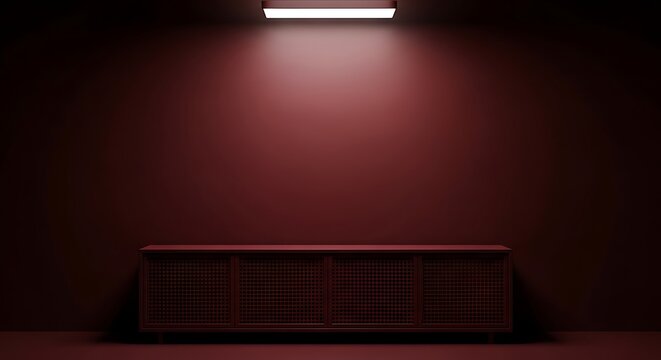 Empty interrogation room with a single light illuminating the scene, creating shadows.