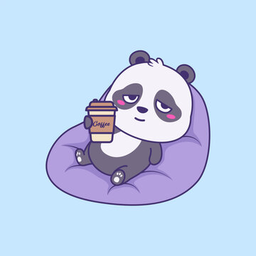 Cute Lazy Panda Cartoon Relaxing on Bean Bag and Drinking Coffee