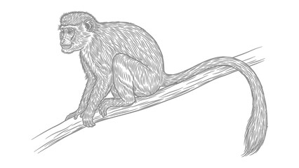 Monkey on a Branch: A sketch of a monkey perched on a tree branch, looking attentively to the left. © Ajm