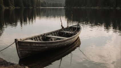 Obraz premium A weathered rowboat rests on tranquil lake near dense forest. Reflection, muted tones