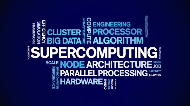 Supercomputing animated word cloud-text design animation tag kinetic typography seamless loop.