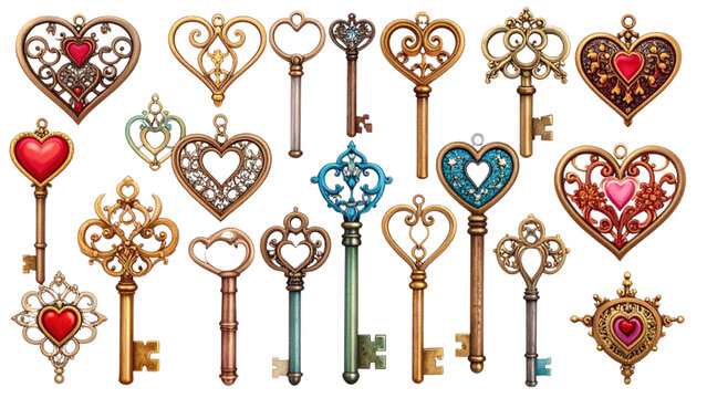 Vintage decorative keys vector set with heart crown star padlock shapes and colorful ornate styles isolated on white background for fantasy and love designs