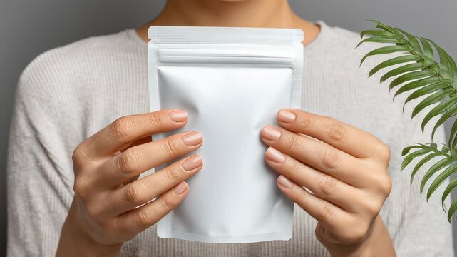 Female holding a blank white packaging pouch in both hands, showcasing its features against a neutral background with a green plant nearby for added visual interest