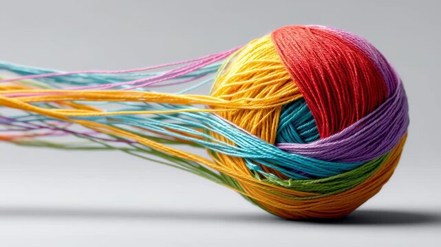 Colorful yarn ball with vibrant strands flowing outward, showcasing a dynamic motion effect against a smooth gray background in a close-up view