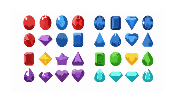Colorful gemstone collection vector set with multicolored diamonds and precious jewel stones isolated on white