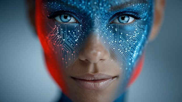 Female model with blue and red circuit pattern face paint gazes directly at the camera, showcasing intricate details of the design in a close-up shot