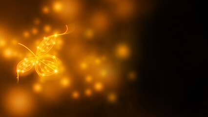 Glowing golden neon leaves with light particles on dark background © Zhuk