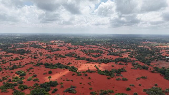 Aerial View of Therikadu Red Sand Dunes Landscape in Tamil Nadu