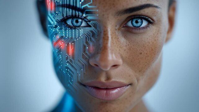 Female with facial circuitry design showcasing a blend of human features and technology, illuminated by blue and red lights against a soft gradient background