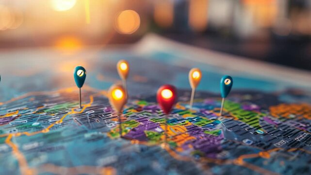 Colorful pins on city map with blurred background, possibly representing locations or destinations