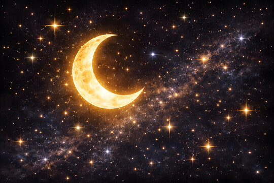Crescent moon glowing in starry night sky, cosmic space galaxy background with shining stars, celestial astronomy fantasy scene, luminous golden moonlight in dark universe, magical night atmosphere wi