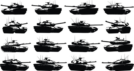 Grid of fifteen different tank silhouettes in side profile view showcasing variations in turret, barrel, and equipment design for military defense and armored warfare illustration © MstNur