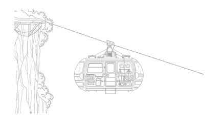 Gondola Lift - Detailed Line Drawing: A precise line art illustration showcases a modern gondola lift cabin suspended from a cable, with a textured cliff face and foliage on the left. © Abu