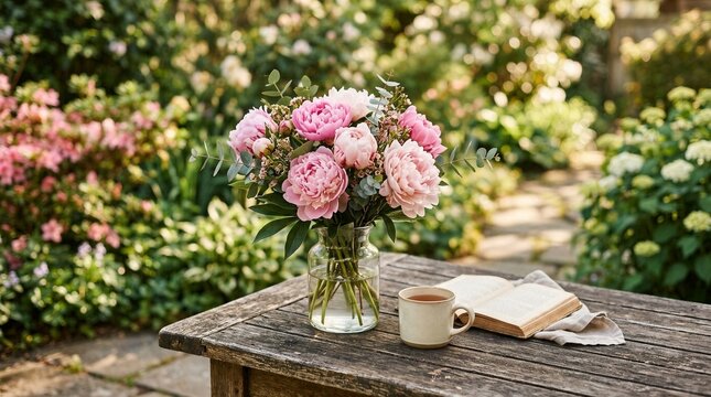 Pink peonies in a glass vase on a wooden garden table with tea and a book