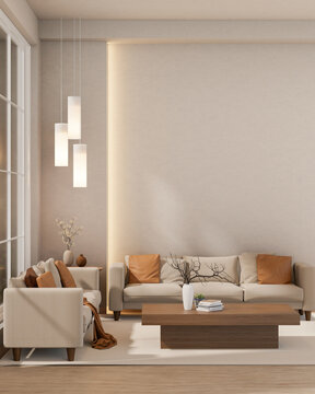 Cylindrical lamps hanging over sofa couch with wooden table on carpet floor in a modern living room.