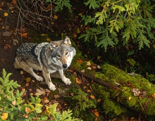 Obraz premium A majestic, grey wolf looks directly at the camera. The animal is surrounded by woodland, foliage, and a moss-covered log